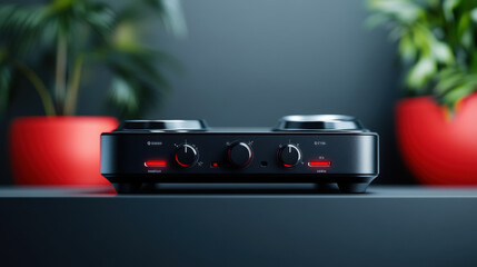 Black audio interface with control knobs and LED indicators, placed on a desk with plants in a sleek setup.