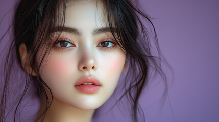 Korean woman with natural makeup poses in front of a soft purple background, showcasing her serene expression and healthy skin