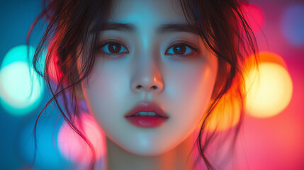 Obraz premium Captivating portrait of a Korean woman with soft features under colorful lights in a night setting