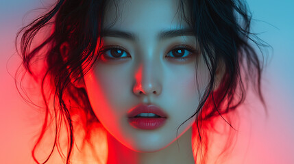 Fototapeta premium Korean woman with glowing skin and striking features against a vibrant backdrop of red and blue lights