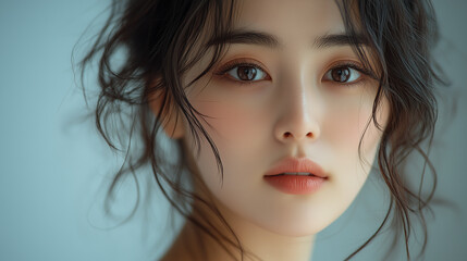 Fototapeta premium Korean woman with soft features and natural makeup poses gracefully in a well-lit indoor setting during a sunny afternoon
