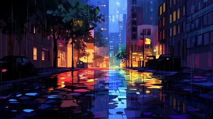 Rainy Night City Street With Colorful Reflections