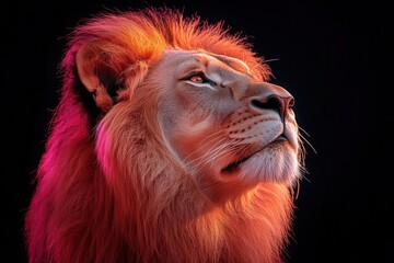 majestic lion profile flowing mane backlit by soft pink glow regal expression high contrast black background powerful feline portrait