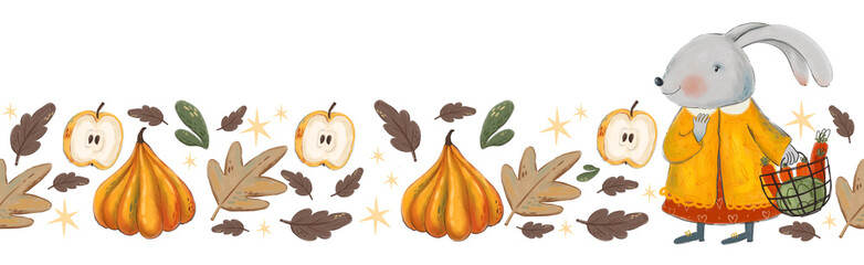 Illustration of a seamless border on the theme of autumn. An apple, a cup of fragrant tea, leaves, a cute rabbit in a coat with a basket.