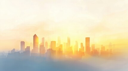 Fototapeta premium City skyline at sunrise, golden light casting shadows, peaceful ambiance, watercolor style