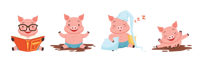 Little Pig Character Engaged in Different Activity Vector Set