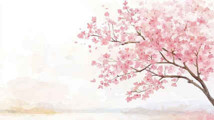 Blossoming cherry tree, delicate pink flowers, early spring morning, watercolor style