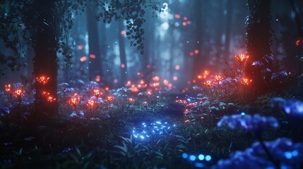 Fototapeta premium Serene Glowing Garden with Holographic Butterflies Digital Fantasy Nature
