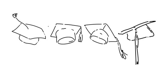 Set line drawing of graduation cap. Isolated on white background. Vector illustration.