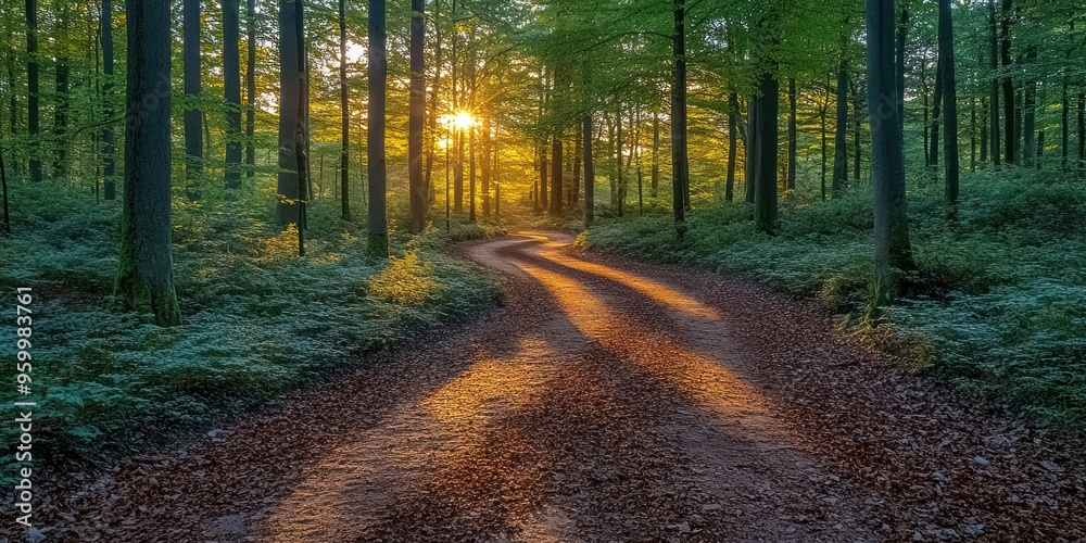 Sticker Sunlight Filtering Through Trees Illuminating a Forest Path