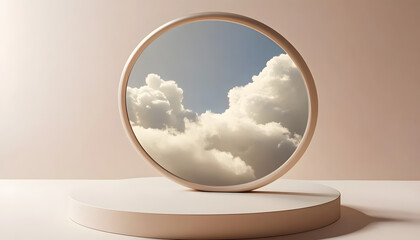 round ivory podium with a circular mirror reflecting a soft white cloud