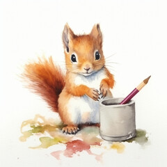 Baby Eichhörnchen malt mit stiften und pinseln