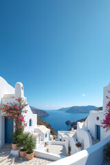 mediterranean coastal town with ocean view, wanderlust and blue sky