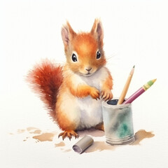 Baby Eichhörnchen malt mit stiften und pinseln