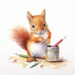 Baby Eichhörnchen malt mit stiften und pinseln