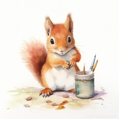 Baby Eichhörnchen malt mit stiften und pinseln