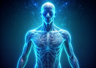 abstract human form merged with organic structure texture secondary gentle mood futuristic style neon blue color human body extension concept merge