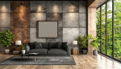 Modern Industrial Living Room With Concrete Wall, Large Windows, And Stylish Furnished. 3D Rendering