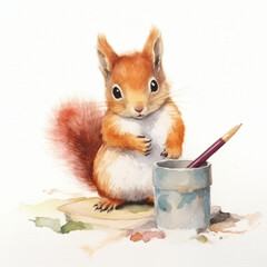 Baby Eichhörnchen malt mit stiften und pinseln