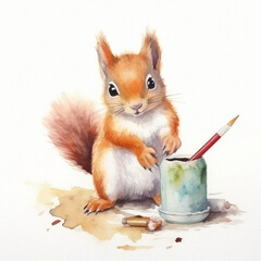 Baby Eichhörnchen malt mit stiften und pinseln