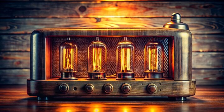 Vintage radio with Nixie tubes glowing in retro ambiance