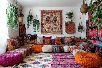 Bohemian Living Room with Colorful Pillows and Rugs
