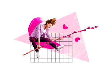 Composite photo collage of redhead guy hold willow branch guitar imitation heart valentine day celebrate isolated on painted background