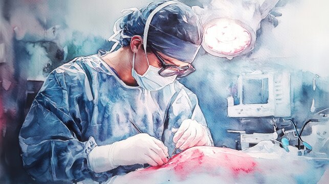Precision and Care: Surgeon Stitching Delicate Skin in Soft Watercolor Hues