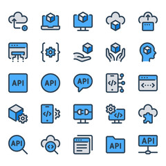 Filled blue outline icons set for Application programming interface