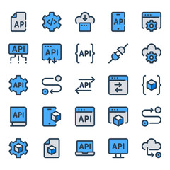 Filled blue outline icons set for Application programming interface