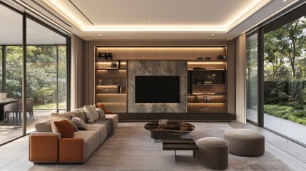 Modern Living Room Interior With Television, Sofa, And Stylish Coffee Table. Luxury Home Design.