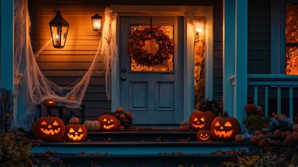 The front porch is festively decorated for Halloween with carved pumpkins of various expressions, a spooky wreath, and cobwebs, creating an invitingly eerie atmosphere at dusk