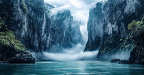 Fototapeta premium A breathtaking canyon landscape with towering cliffs shrouded in mist and a tranquil river flowing through the valley.