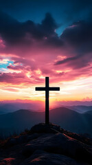 Mountain cross silhouette against majestic sunset sky, stunning sunset sky with mountain cross silhouette, majestic sunset with mountain cross silhouette, cross silhouette on mountain