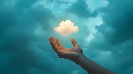 Hand holding a glowing cloud in a mystical evening sky with deep blue hues