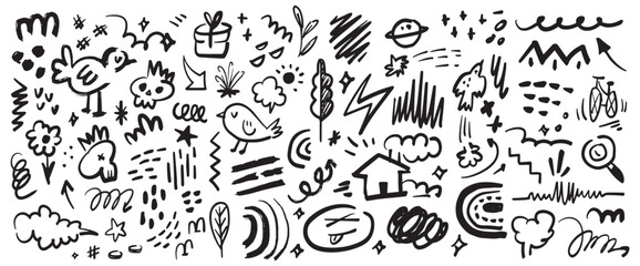Creative Hand-Drawn Doodle Set | Playful Vector Scribbles, Symbols, and Sketches | Abstract Black and White Illustration for Design Projects