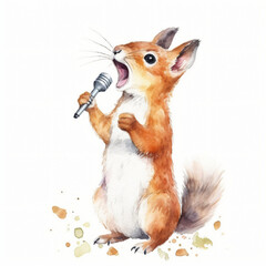 Baby Eichhörnchen singt Karaoke mit Mikrofon und offenem Mund