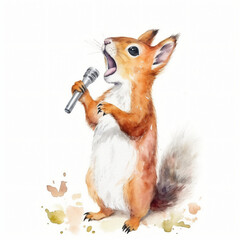 Baby Eichhörnchen singt Karaoke mit Mikrofon und offenem Mund