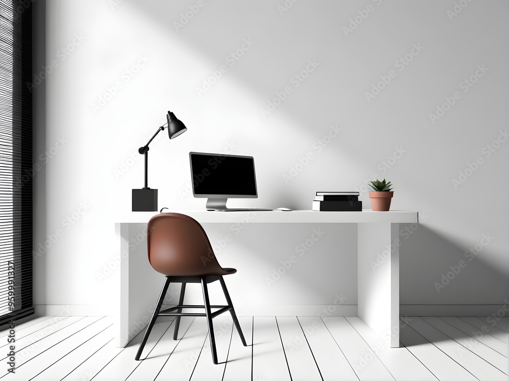 Wall mural A minimalist office desk with a computer and books on top,