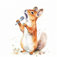 Baby Eichhörnchen singt Karaoke mit Mikrofon und offenem Mund