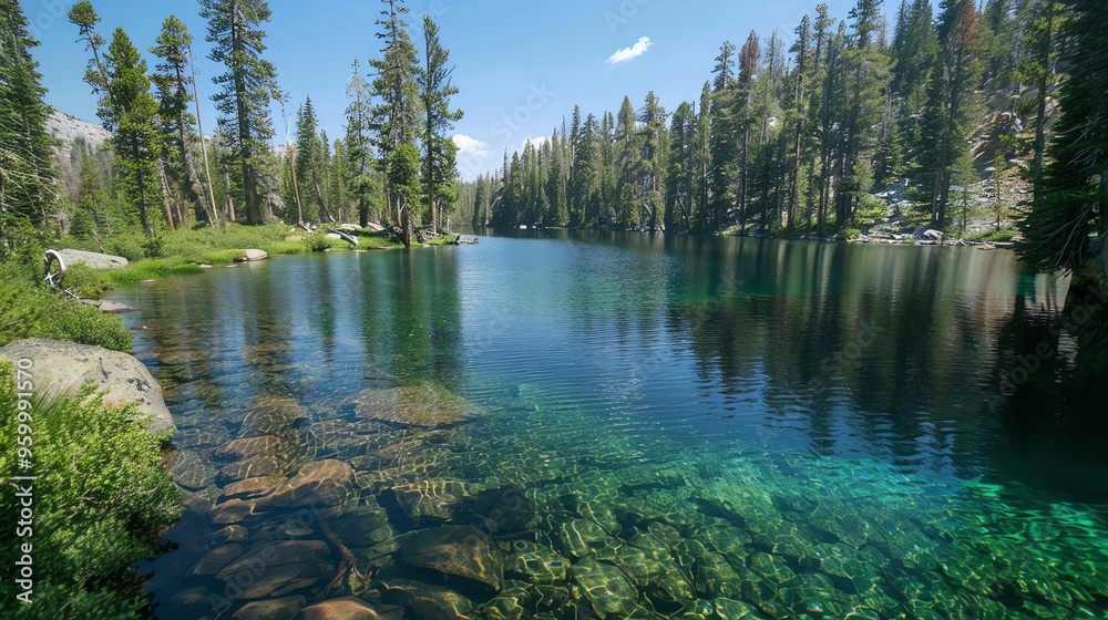 Wall mural A clear blue lake in a forest.