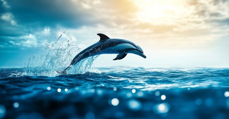 Fototapeta premium A graceful dolphin leaps from the ocean, creating a splash of water and a beautiful arc against a backdrop of dramatic clouds and a setting sun.