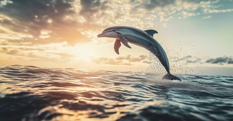 Obraz premium A bottlenose dolphin leaps gracefully through the air, silhouetted against a vibrant sunset over the ocean.