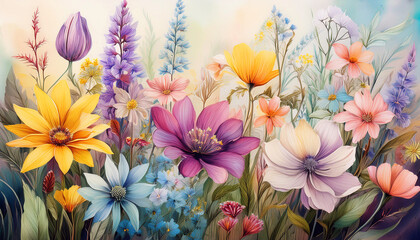 Wild flowers in colorful flower floral garden.