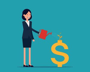 Investor watering sprout plant growing from golden dollarsign. Growth investment