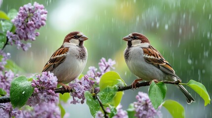 Fototapeta premium Sparrows bird sitting on lilac branches during rain.