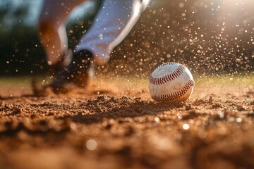 A batter preparing to swing at a fast-approaching pitch. A close-up of a baseball resting on the pitcher's mound under the sun
