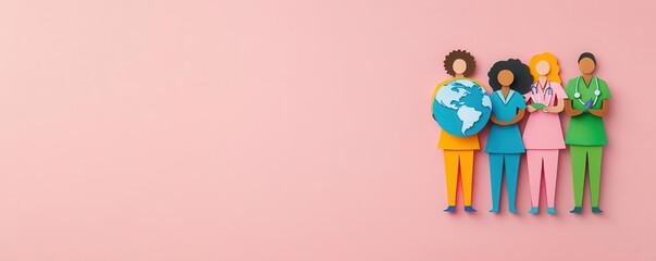 Obraz premium Diverse healthcare professionals hold a globe, representing global health and teamwork in a colorful, playful style.