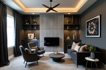 Fototapeta premium Elegant Living Room Interior Design in Charcoal and Taupe with Modern Microcement Walls and Chic Office Nook Decor