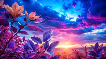 Vibrant purple and blue leaves in foreground with a stunning pink and purple sky in the background